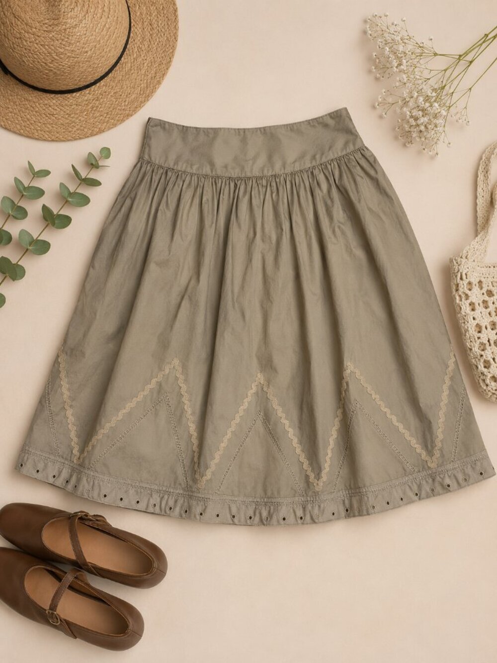 Dorothée Bis Taupe A-Line Skirt Size 14 Boho Prairie Midi Skirt
